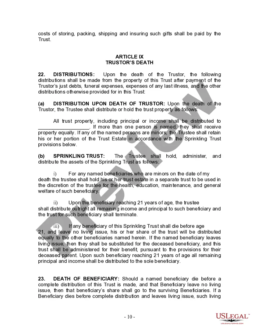 Preview Living Trust for Individual Who is Single, Divorced or Widow (or Widower) with No Children