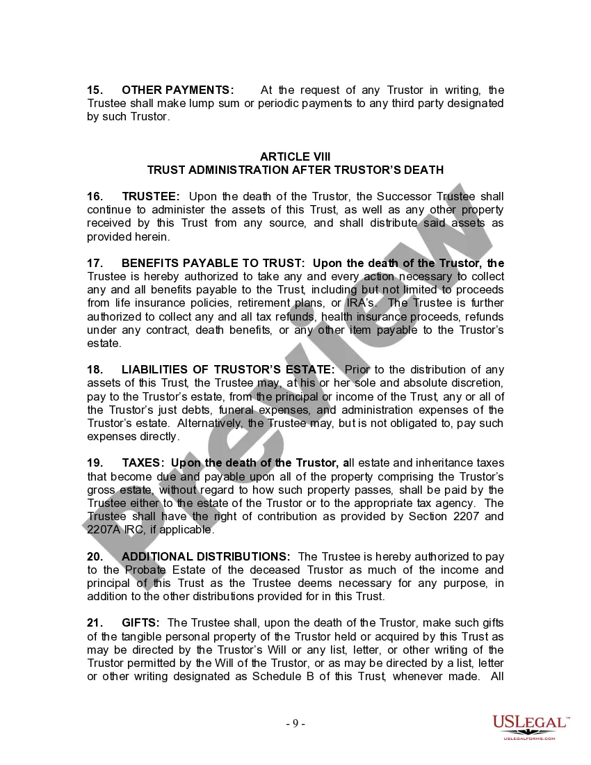 Preview Living Trust for Individual Who is Single, Divorced or Widow (or Widower) with No Children
