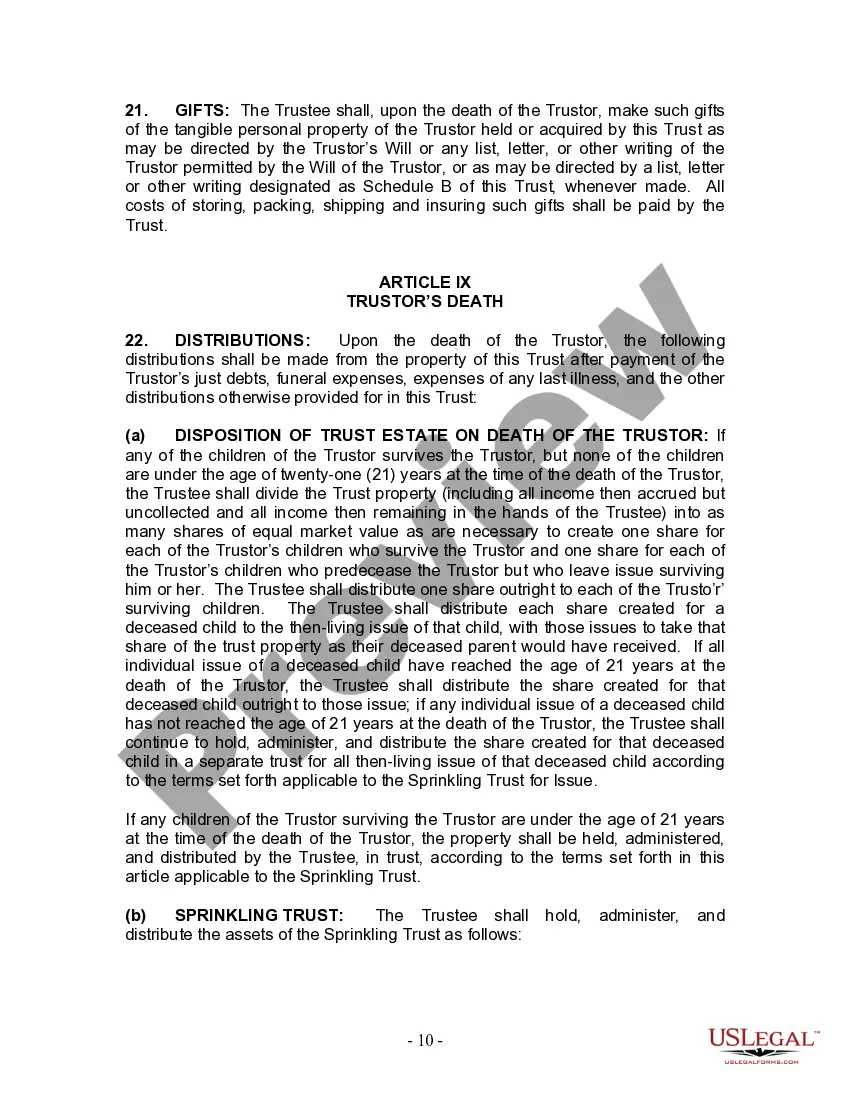 Preview Living Trust for Individual Who is Single, Divorced or Widow (or Widower) with Children