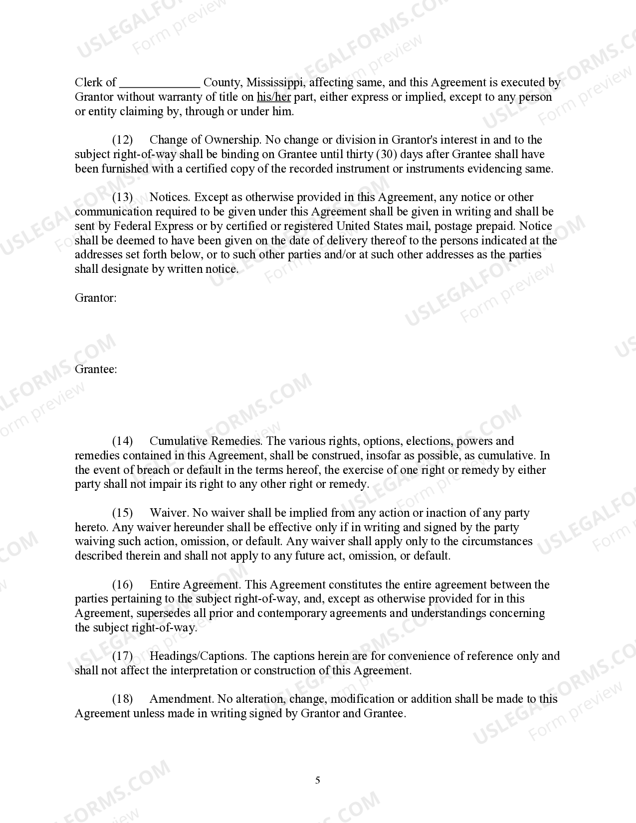 Mississippi Right of Way and Easement Agreement Mississippi Easement