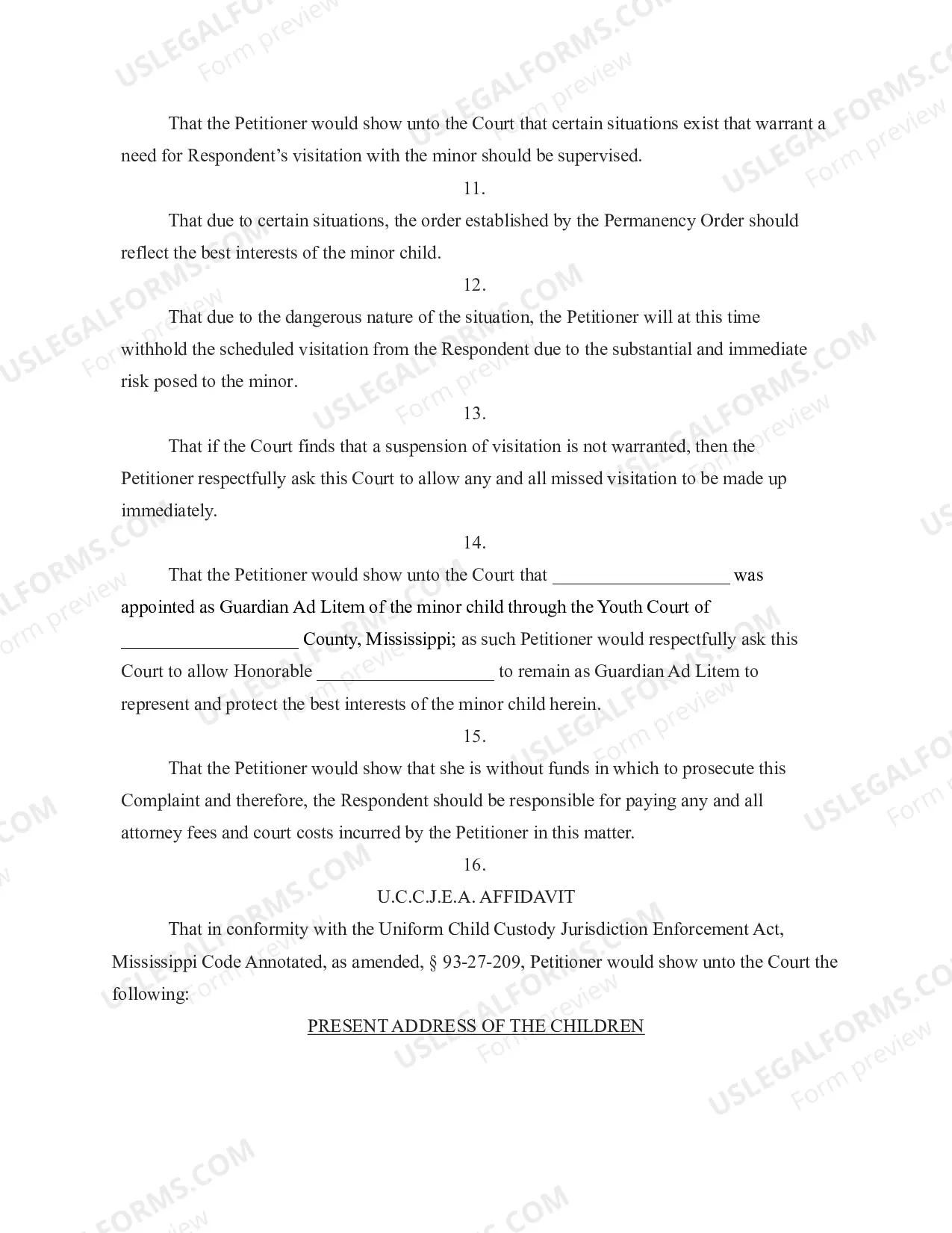 Preview Complaint to Suspend Visitation and Other Relief after Youth Court Permanency Order