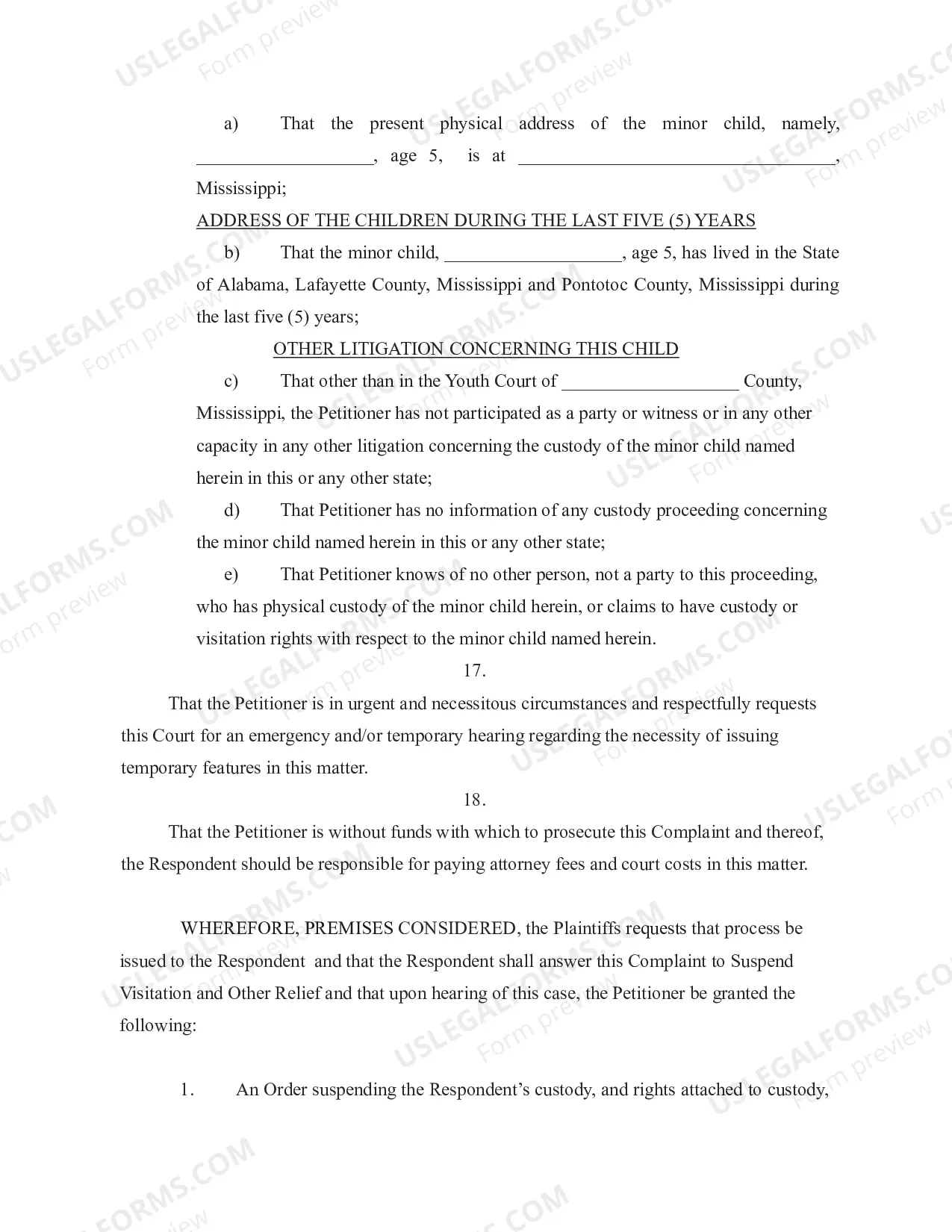 Preview Complaint to Suspend Visitation and Other Relief after Youth Court Permanency Order