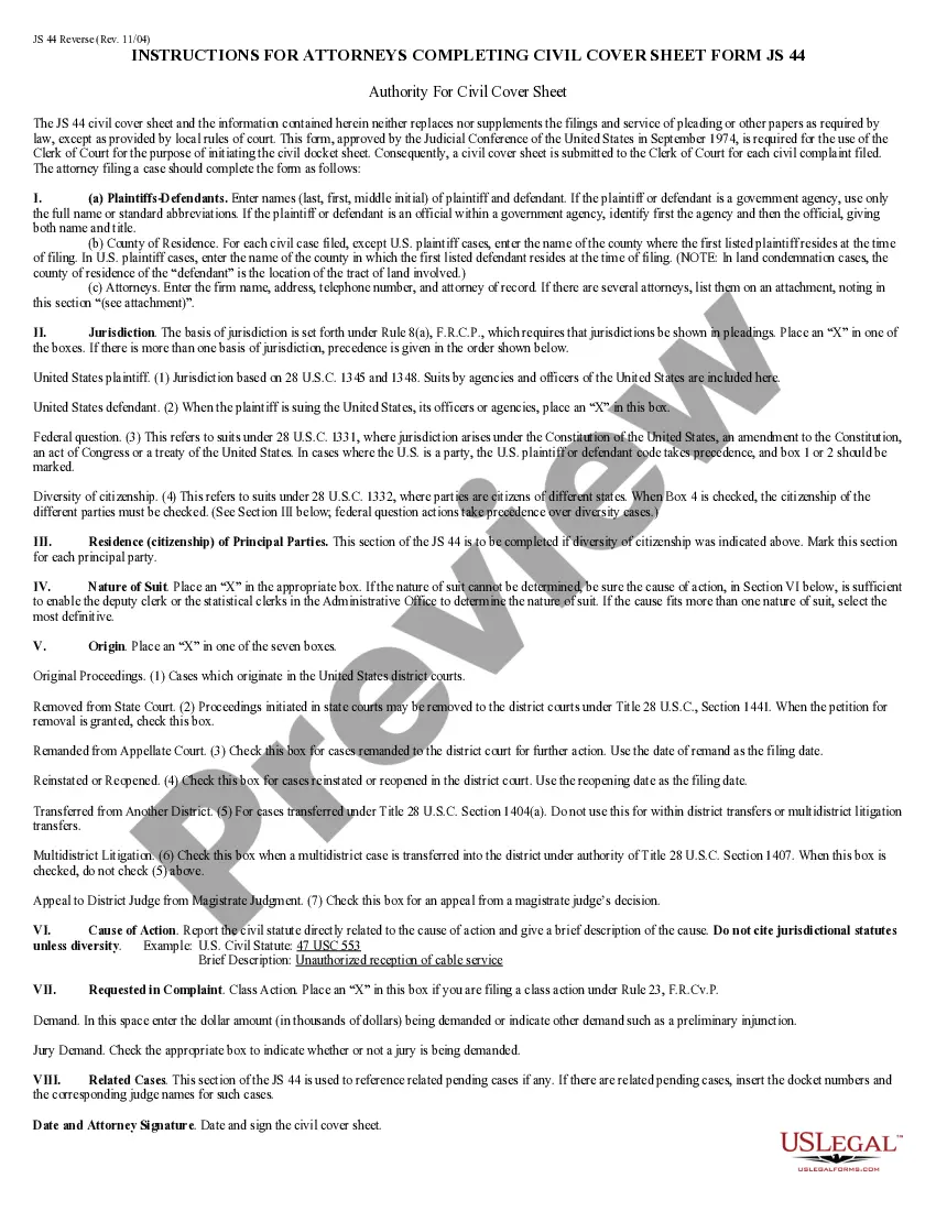 Get JS-44 Civil Cover Sheet - Federal District Court Preview JS-44 Civil Cover Sheet - Federal District Court