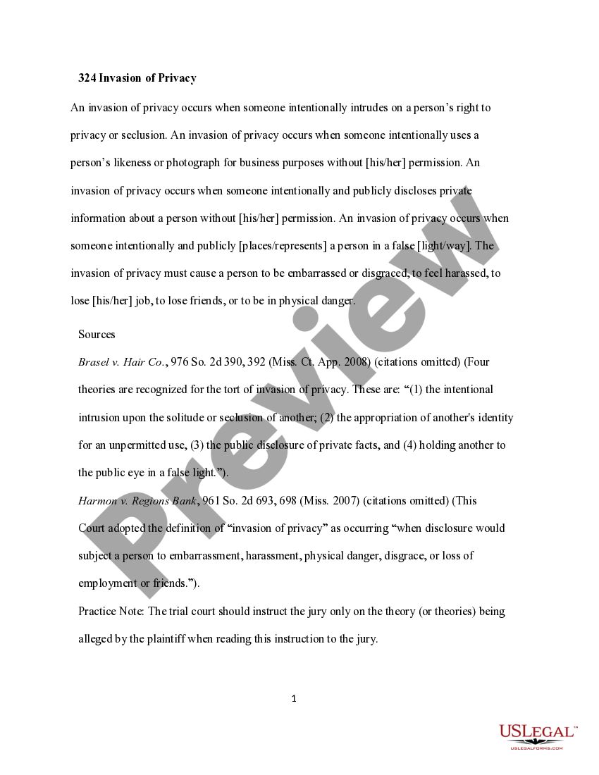 Mississippi 324 Invasion of Privacy US Legal Forms