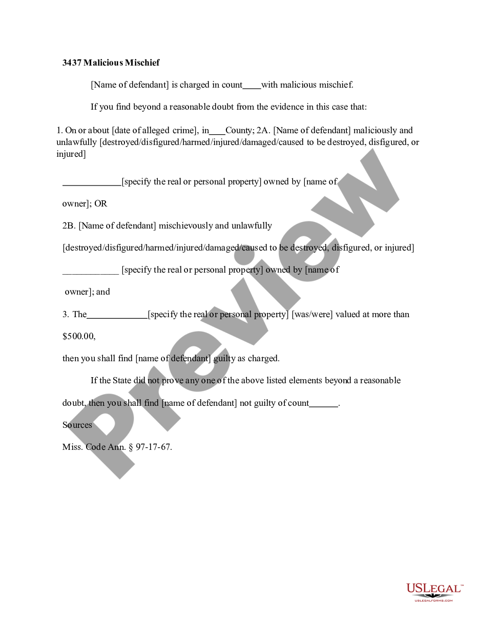 Mississippi 3437 Malicious Mischief | US Legal Forms