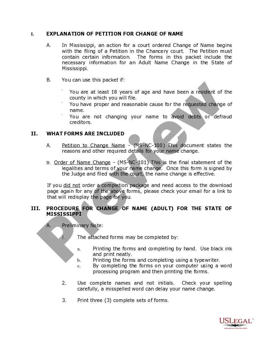 Get Mississippi Name Change Instructions and Forms Package for an Adult Preview Mississippi Name Change Instructions and Forms Package for an Adult