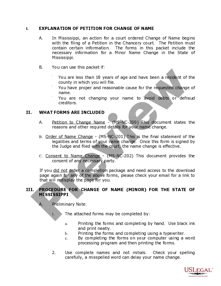 Preview Mississippi Name Change Instructions and Forms Package for a Minor