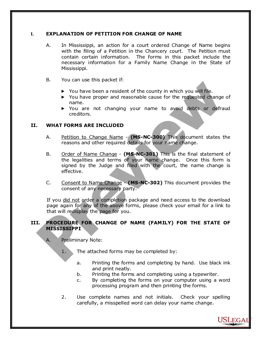 Preview Mississippi Name Change Instructions and Forms Package for a Family
