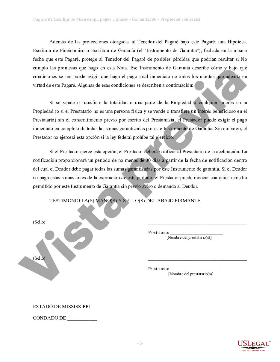 Preview Pagaré de tasa fija a plazos de Mississippi garantizado por bienes raíces comerciales