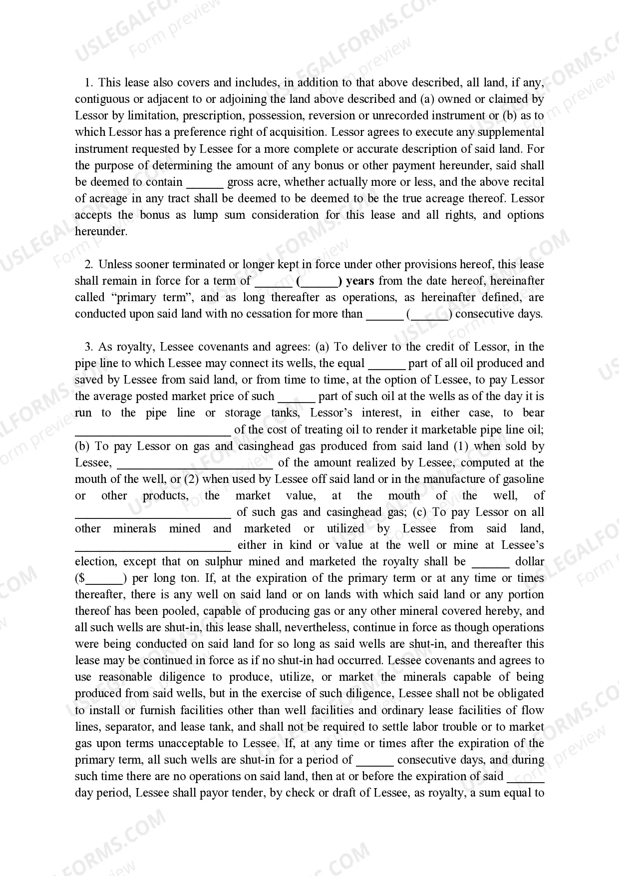 Preview Oil, Gas and Mineral Lease