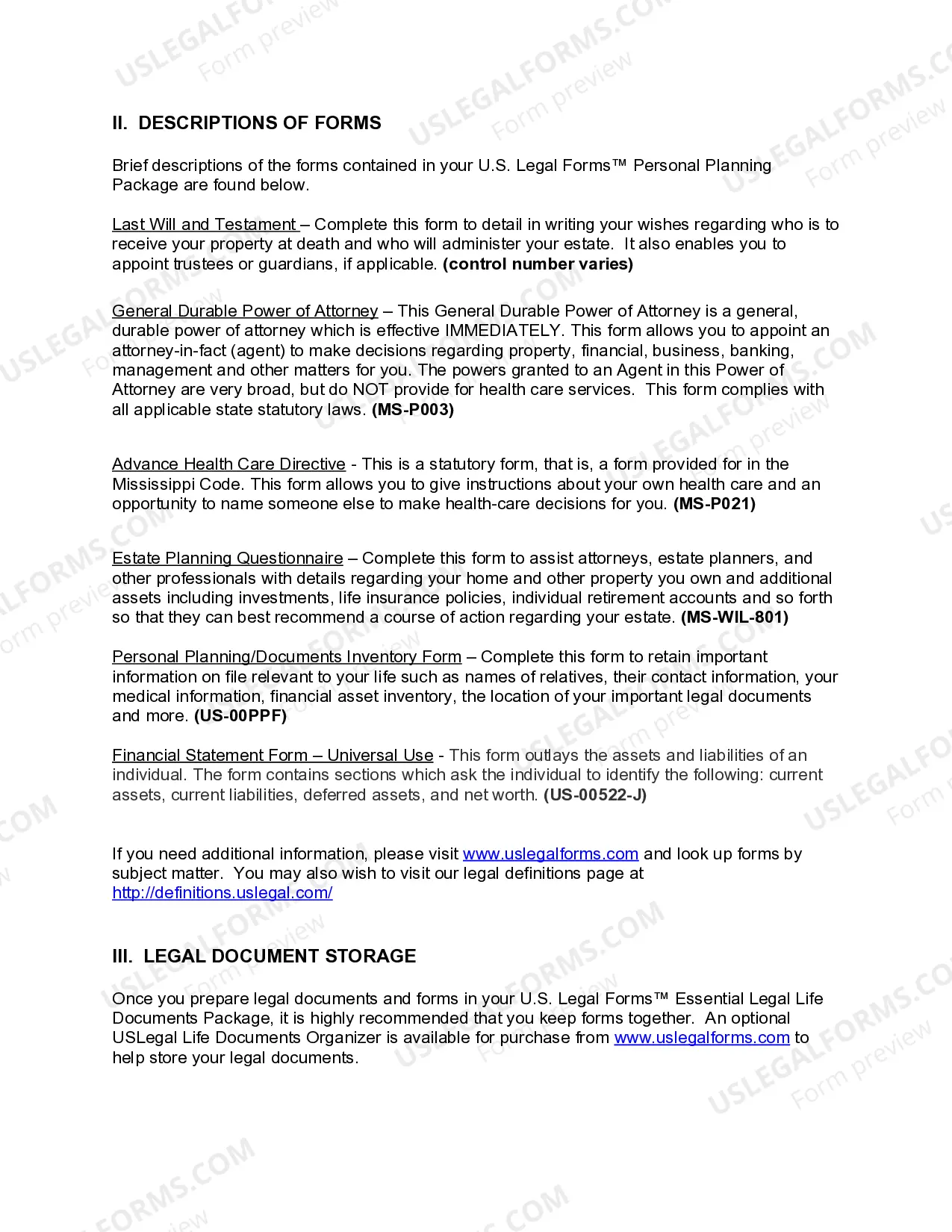 Preview Mississippi Life Documents Planning Package, including Will, Power of Attorney and Living Will