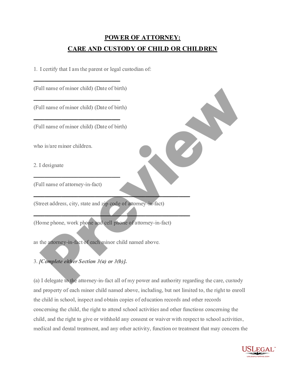 form Power of Attorney for Care and Custody of Child or Children preview