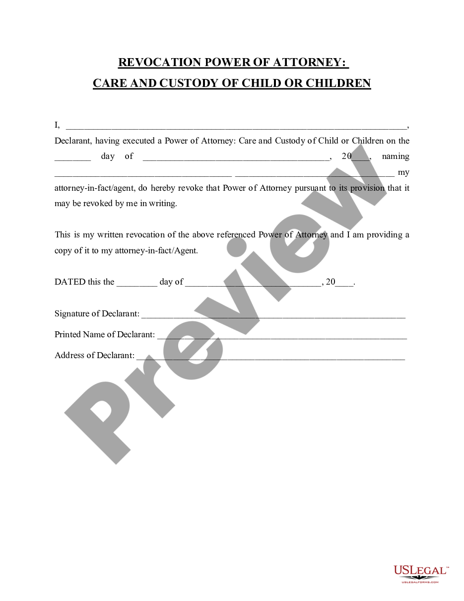 form Revocation of Power of Attorney for Care and Custody of Child or Children preview