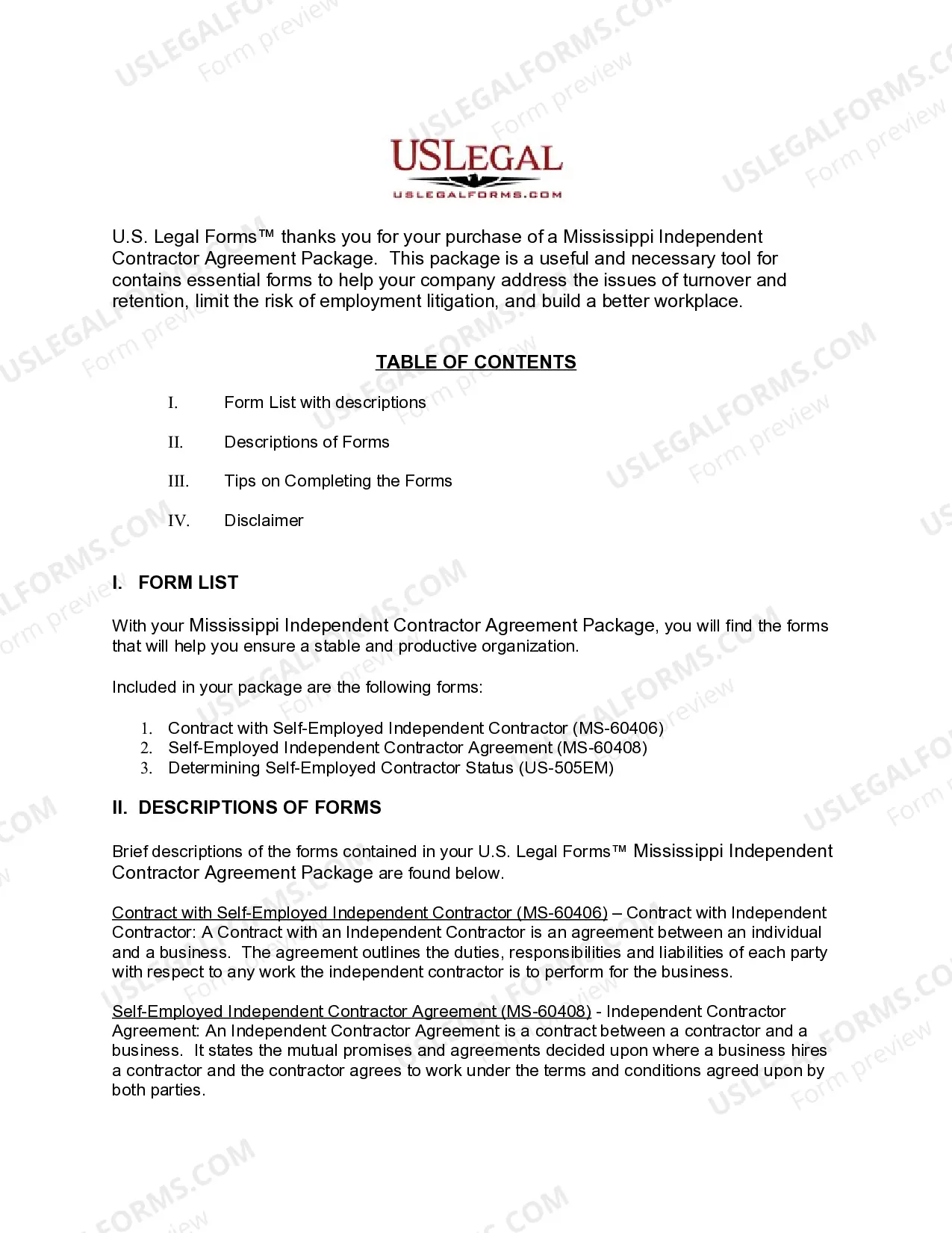 Preview Mississippi Independent Contractor Agreements Package