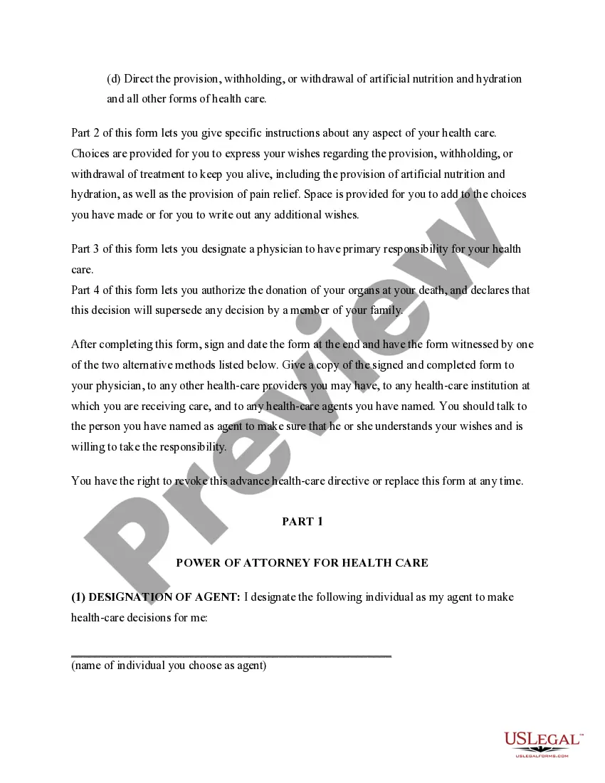 Preview Advance Health Care Directive Statutory Form includes Living Will