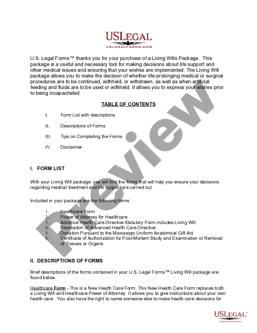 Preview Mississippi Living Wills and Health Care Package