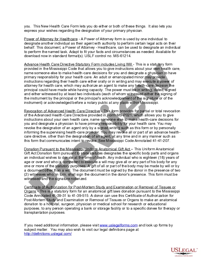 Preview Mississippi Living Wills and Health Care Package