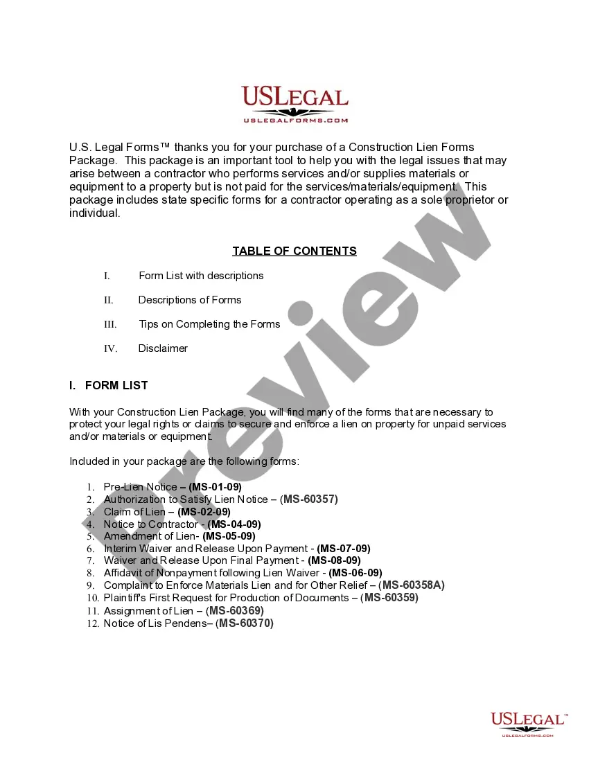 Preview Mississippi Construction or Mechanics Lien Package - Individual