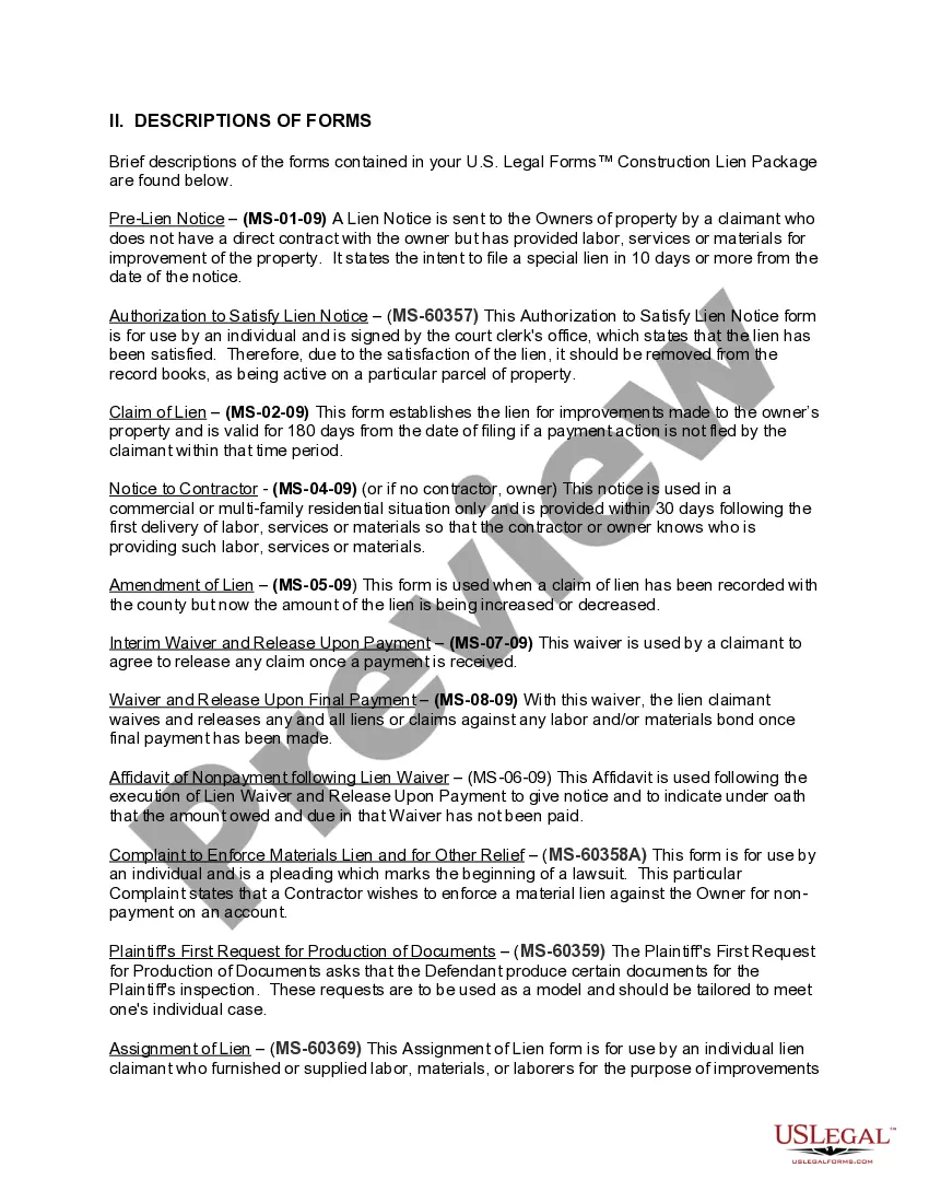 Preview Mississippi Construction or Mechanics Lien Package - Individual