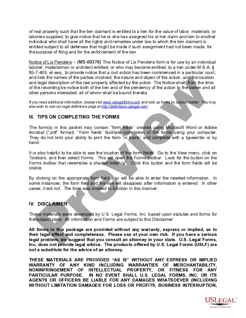 Preview Mississippi Construction or Mechanics Lien Package - Individual