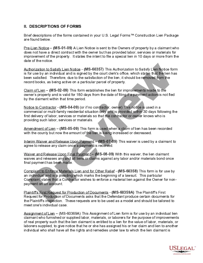 Preview Mississippi Construction or Mechanics Lien Package - Corporation