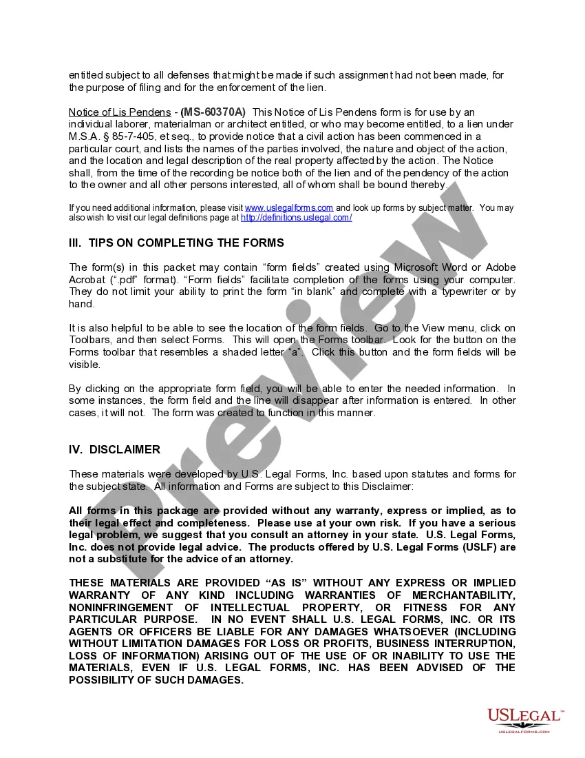 Preview Mississippi Construction or Mechanics Lien Package - Corporation