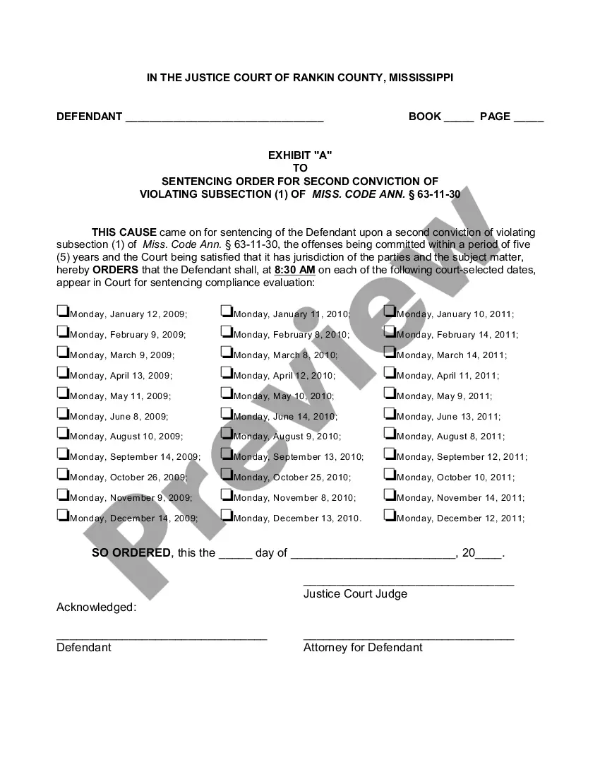 Preview Sentencing Order for Second Conviction of DUI