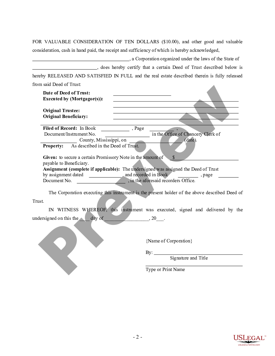 page 1 Satisfaction, Release or Cancellation of Deed of Trust by Corporation preview