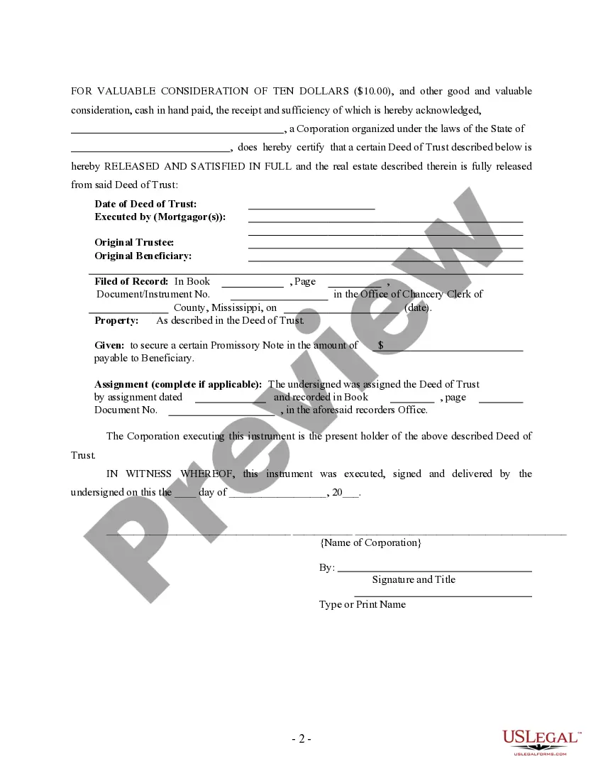 Preview Satisfaction, Release or Cancellation of Deed of Trust by Corporation