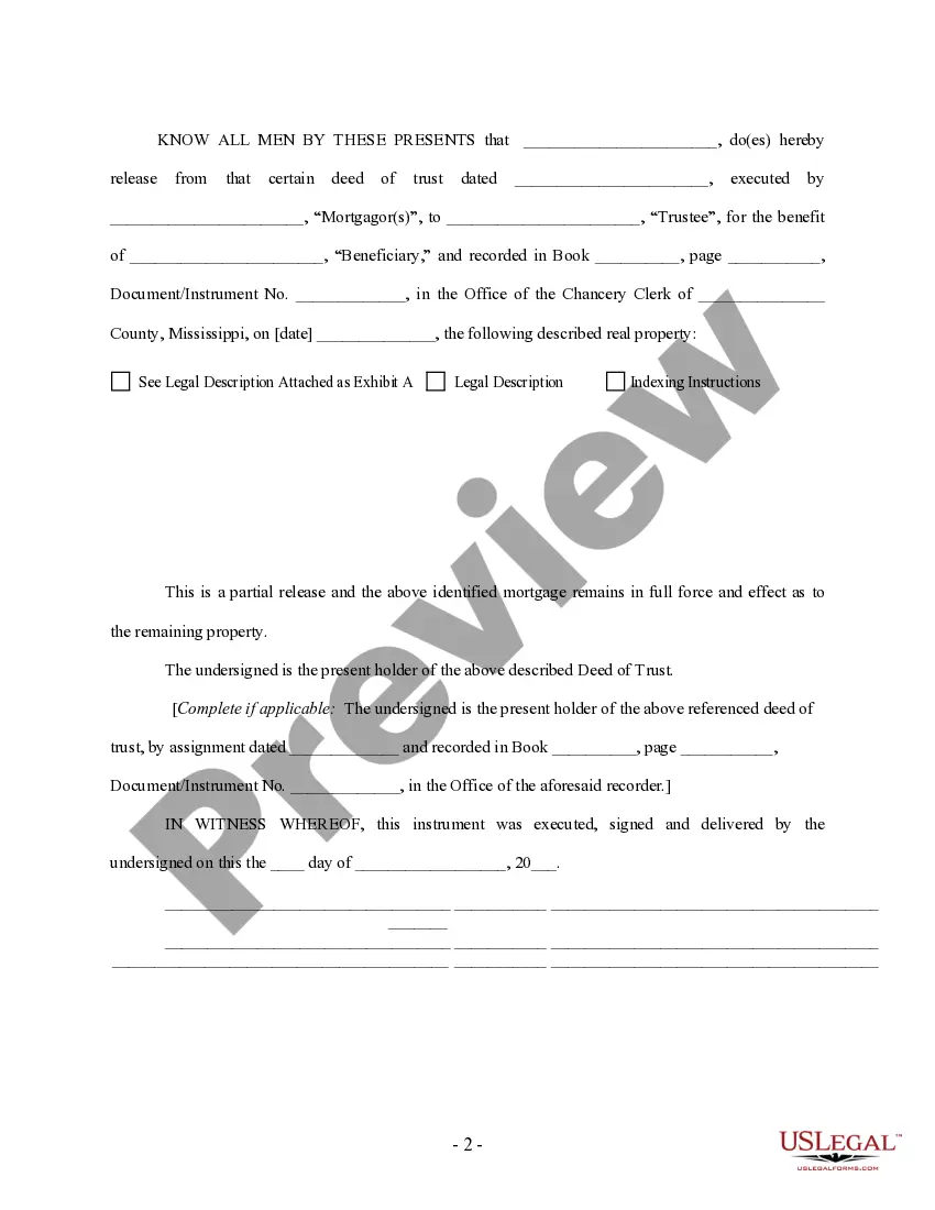Preview Partial Release of Property From Deed of Trust for Individual