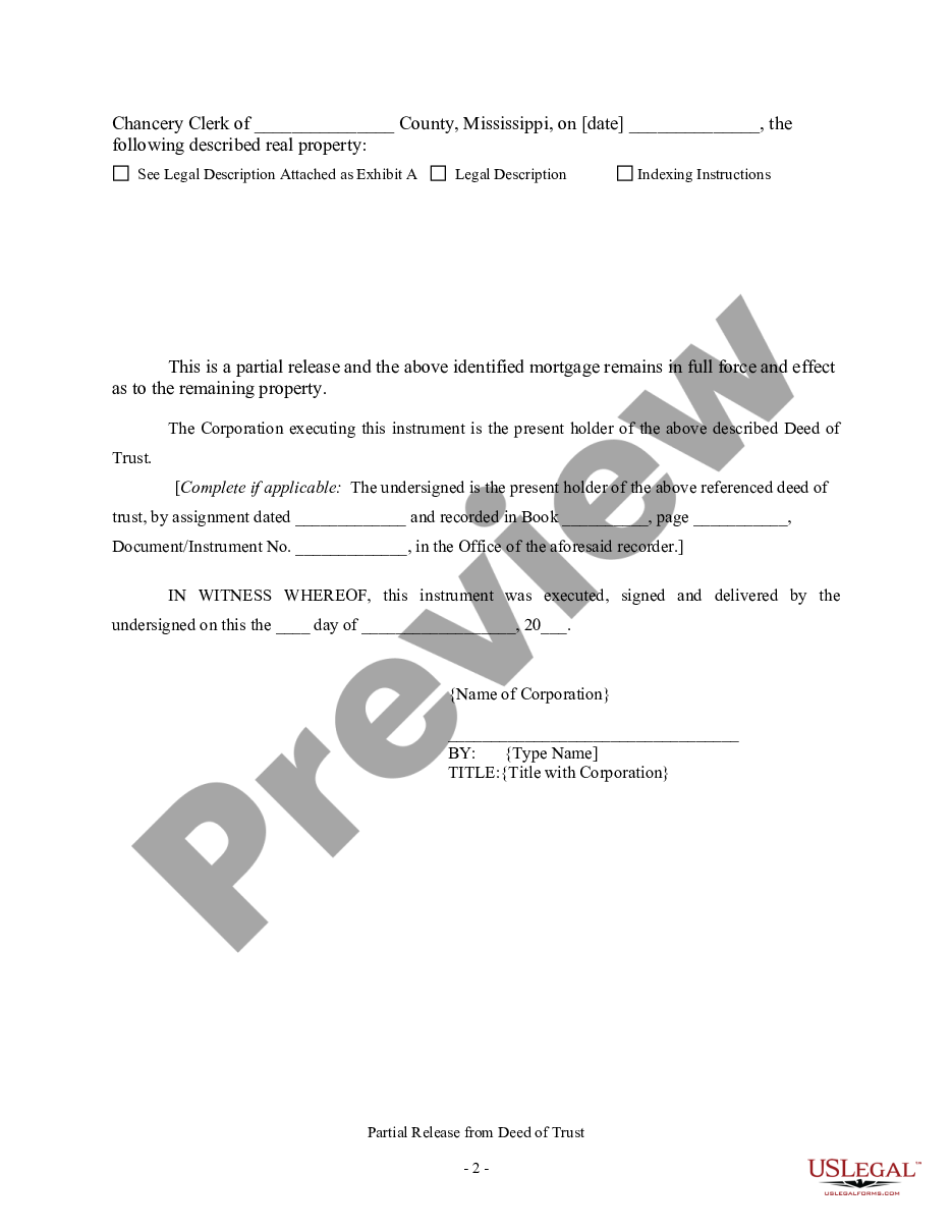 page 1 Partial Release of Property From Deed of Trust for Corporation preview