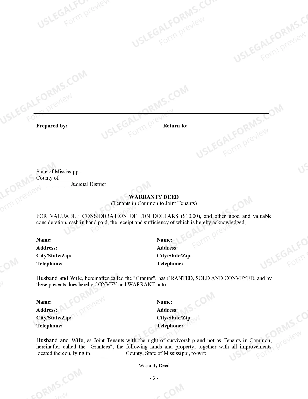 Preview Warranty Deed for Husband and Wife Converting Property from Tenants in Common to Joint Tenancy