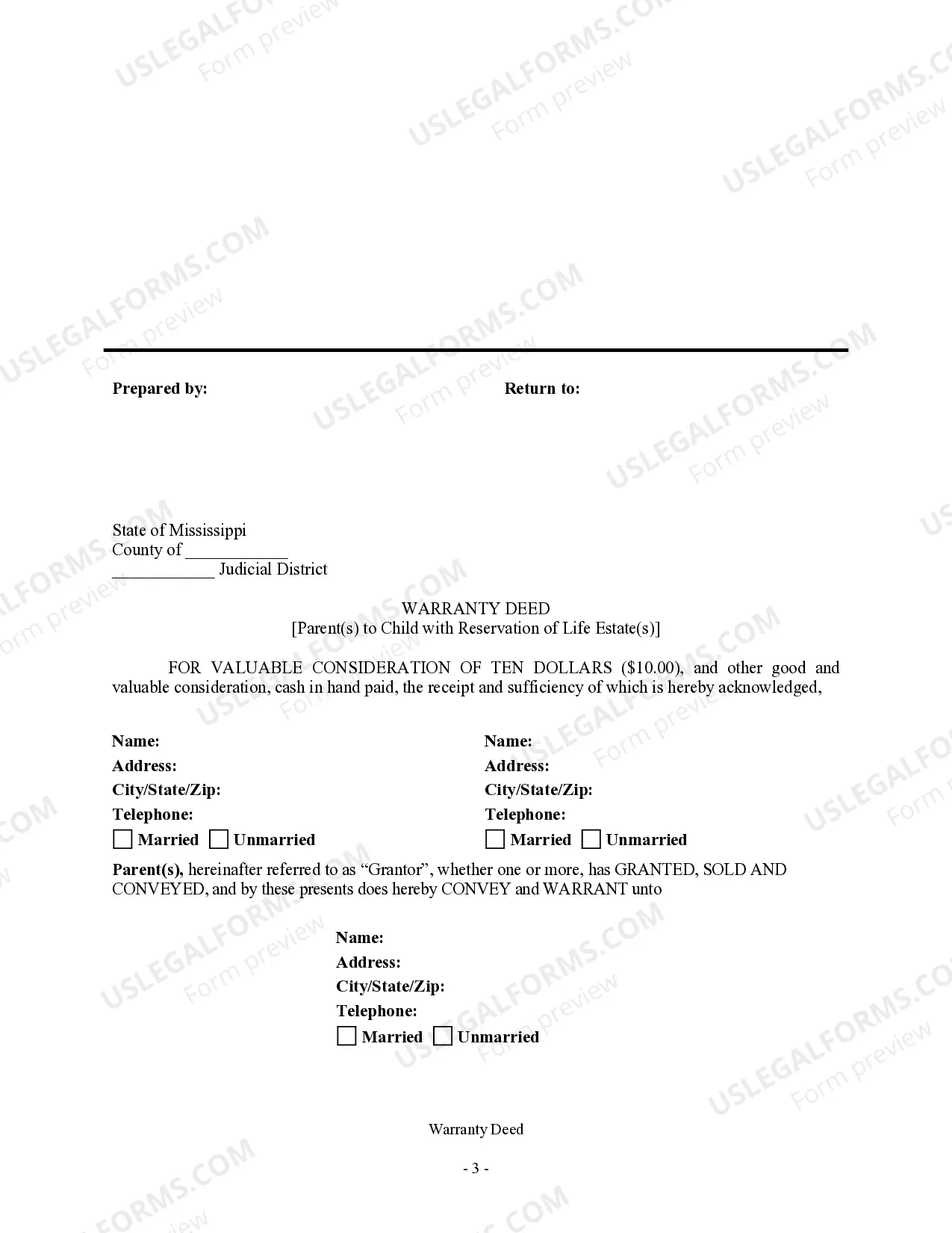Preview Warranty Deed for Parents to Child with Reservation of Life Estate