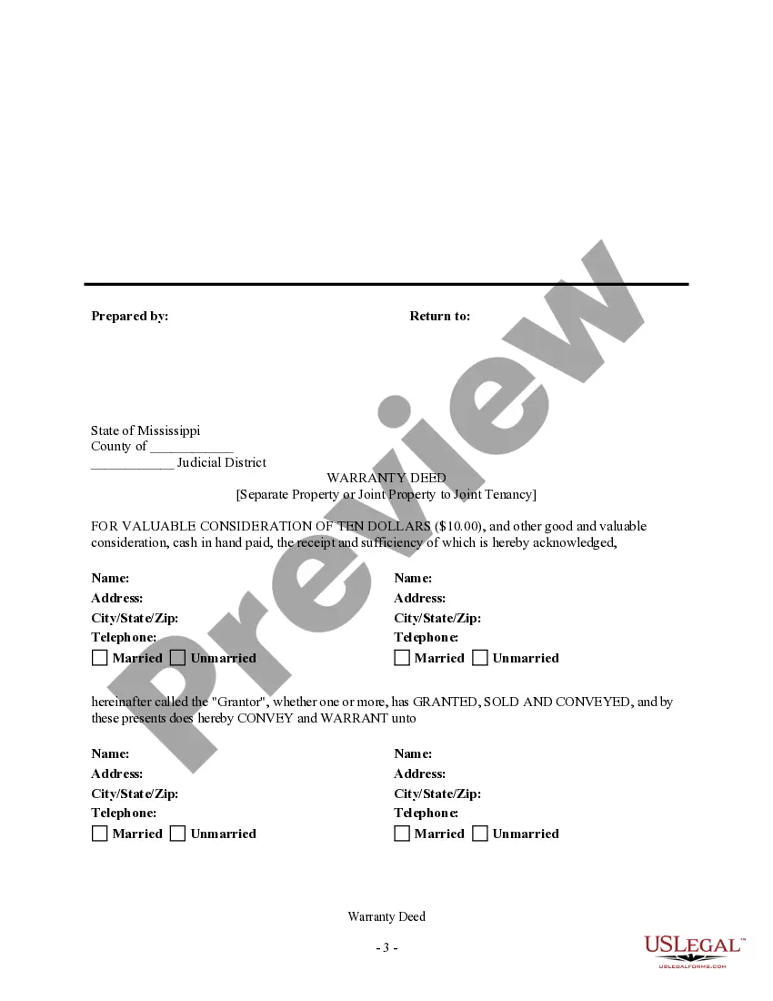 Preview Warranty Deed for Separate or Joint Property to Joint Tenancy