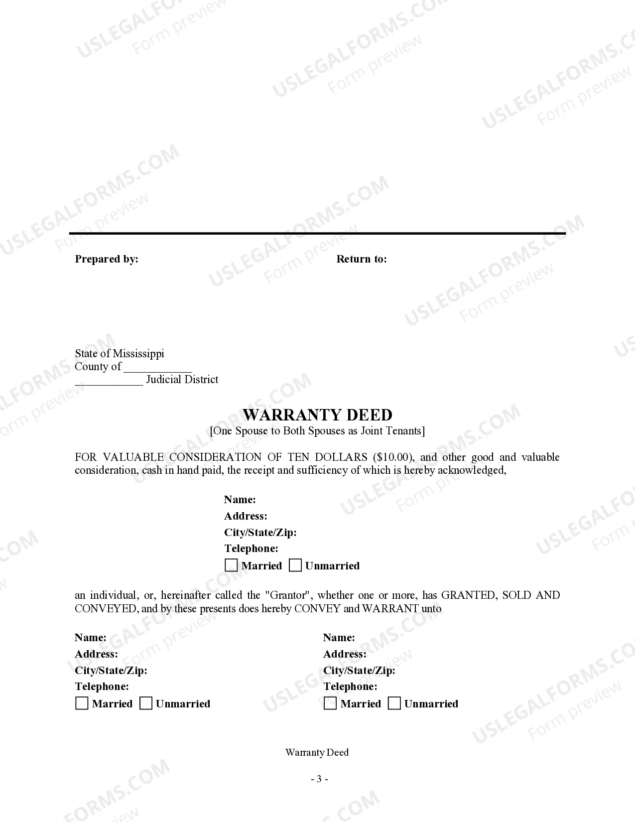 Preview Warranty Deed to Separate Property of One Spouse to Both Spouses as Joint Tenants