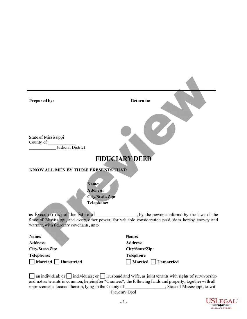 Preview Fiduciary Deed for use by Executors, Trustees, Trustors, Administrators and other Fiduciaries