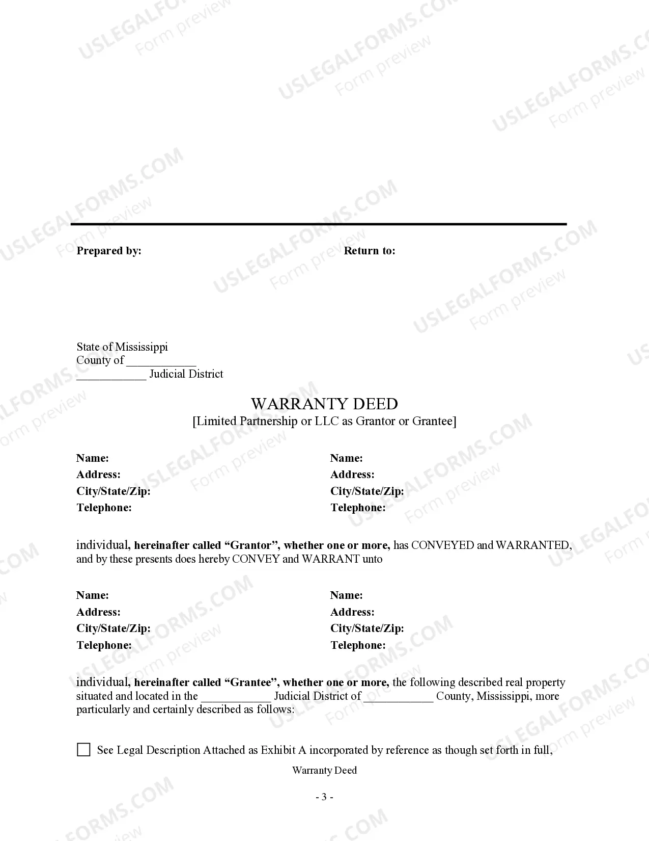 Preview Warranty Deed from Limited Partnership or LLC is the Grantor, or Grantee