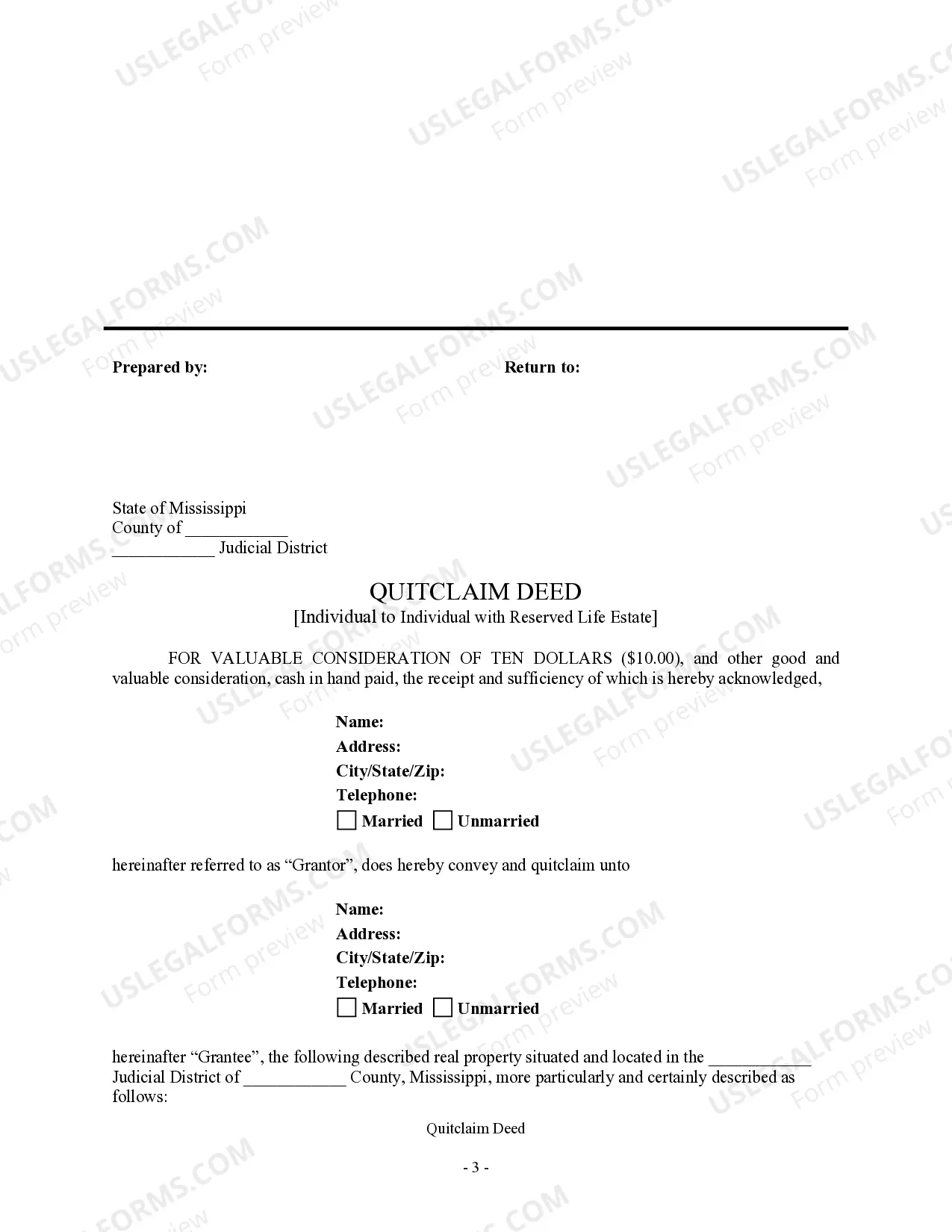 Preview Quitclaim Deed for Individual to Individual with Reserved Life Estate