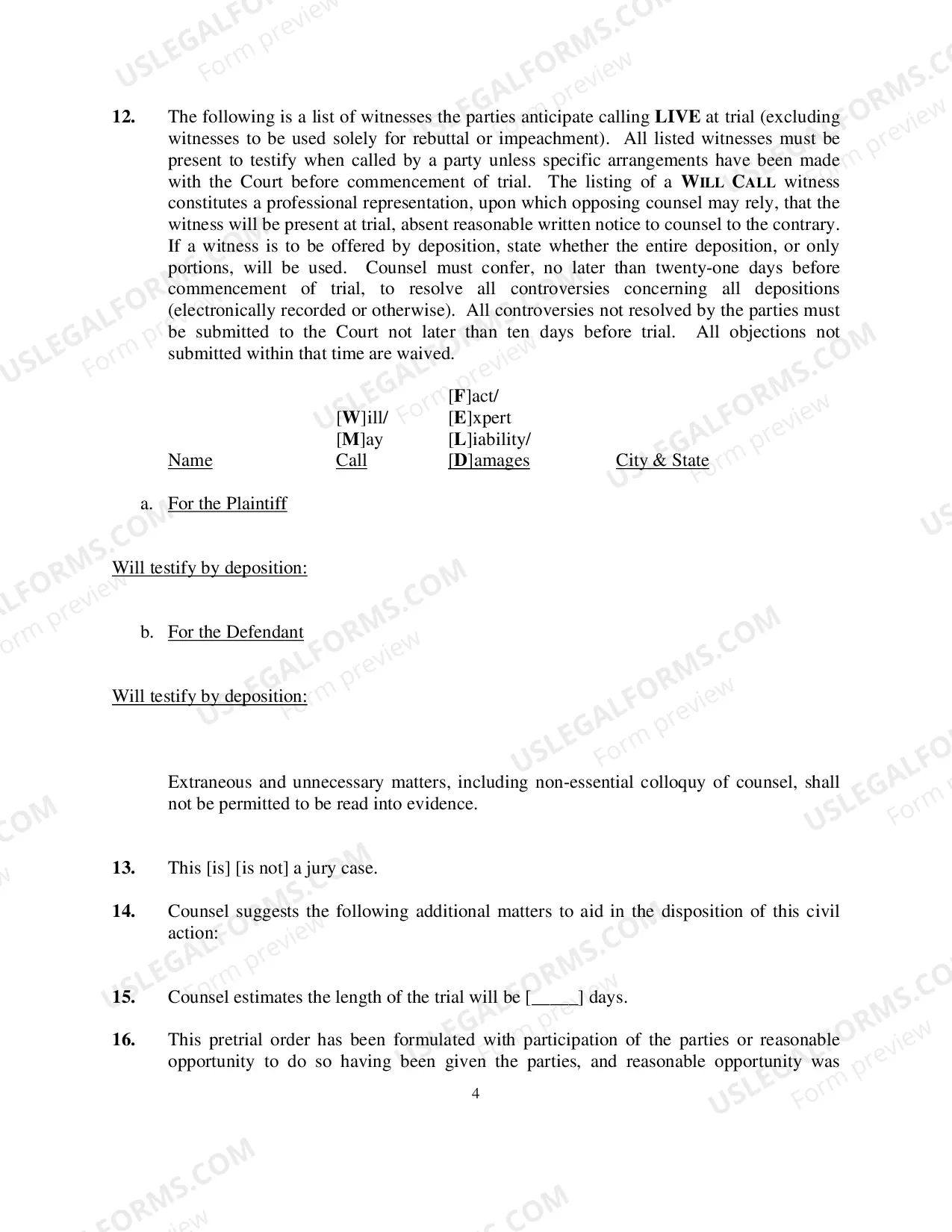 Preview Pretrial Order Form