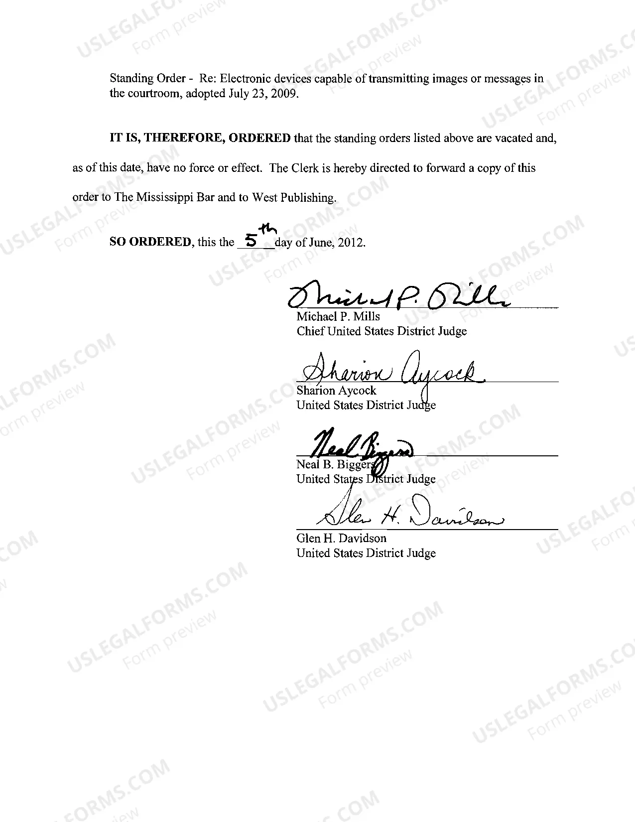 Preview Order Vacating Standing Orders