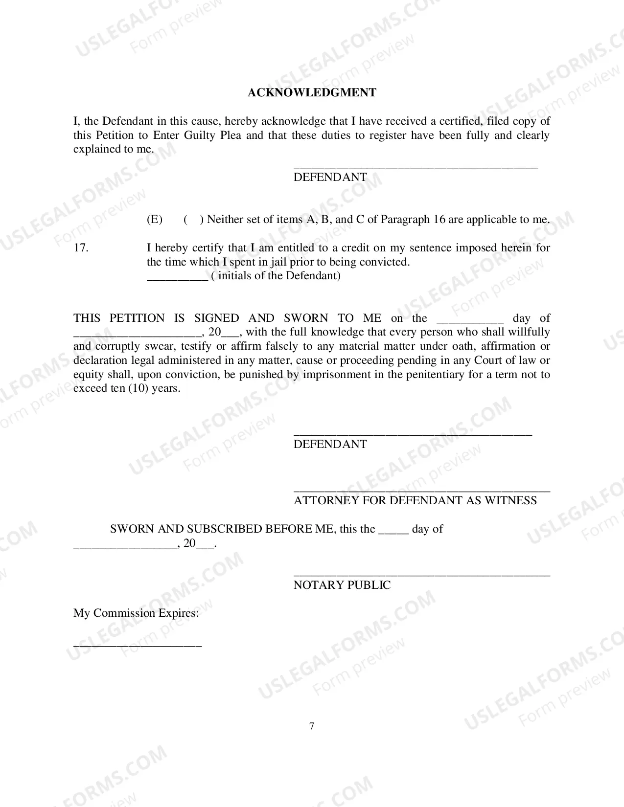 Preview Petition To Enter Plea of Guilty (Forrest County)