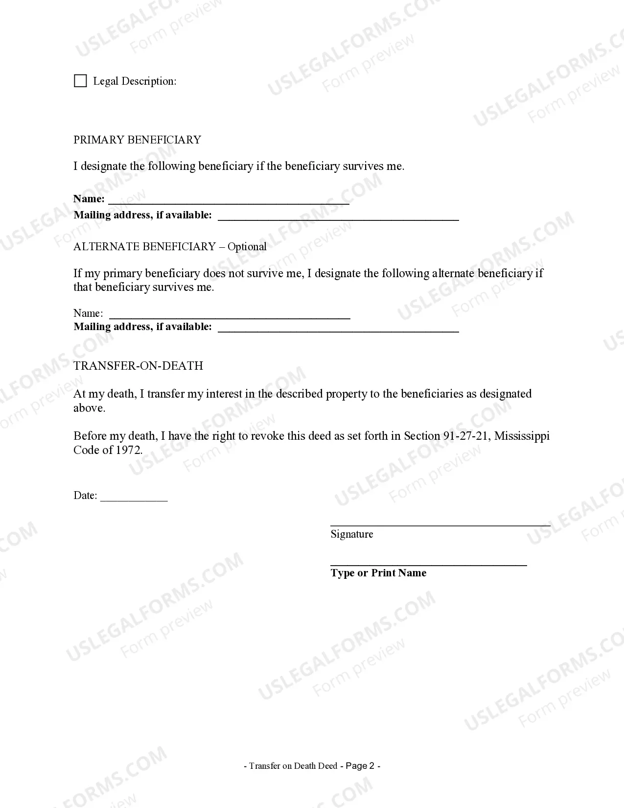 Preview Transfer on Death Deed or TOD - Beneficiary Deed for Individual to Individual