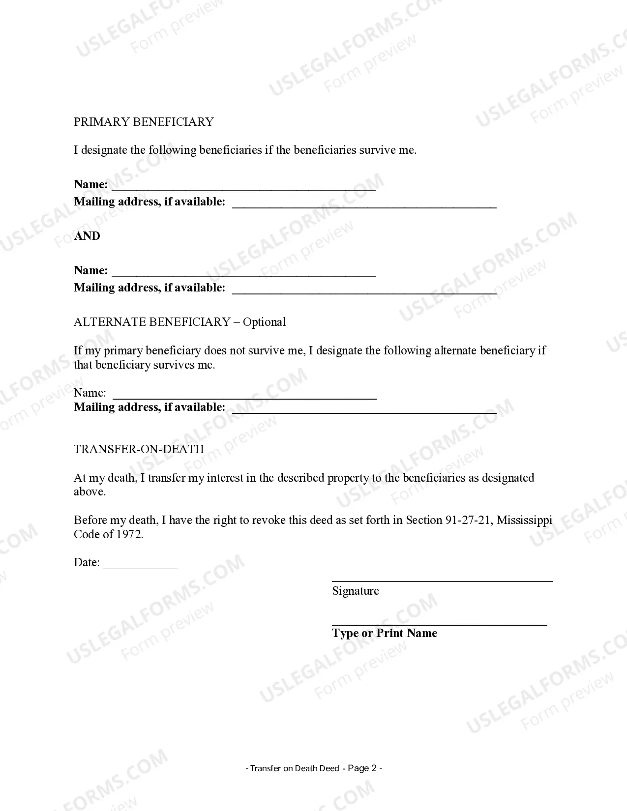 Preview Transfer on Death Deed or TOD - Beneficiary Deed for Individual to Two Individuals