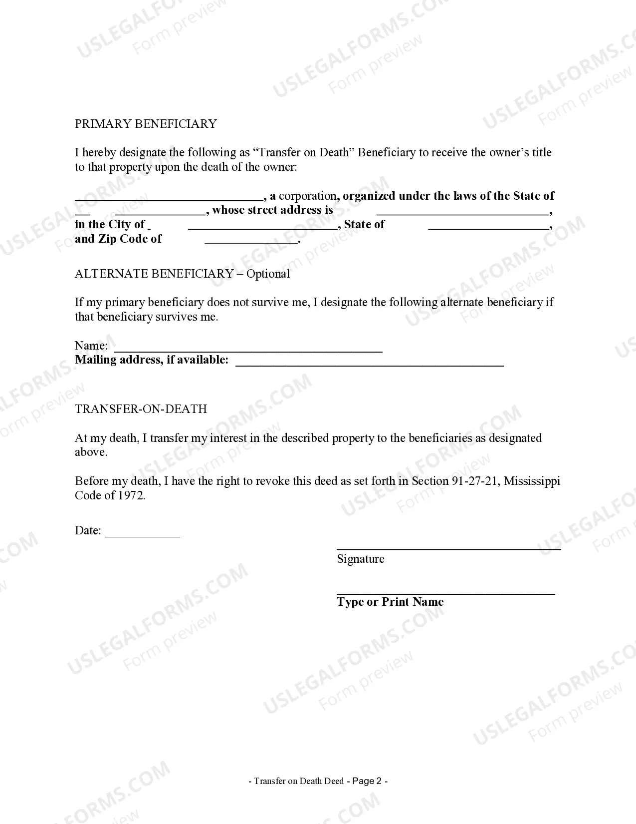 Preview Transfer on Death Deed or TOD - Beneficiary Deed for Individual to a Business Entity