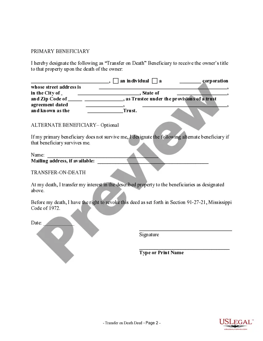 Preview Transfer on Death Deed or TOD - Beneficiary Deed for Individual to a Trust