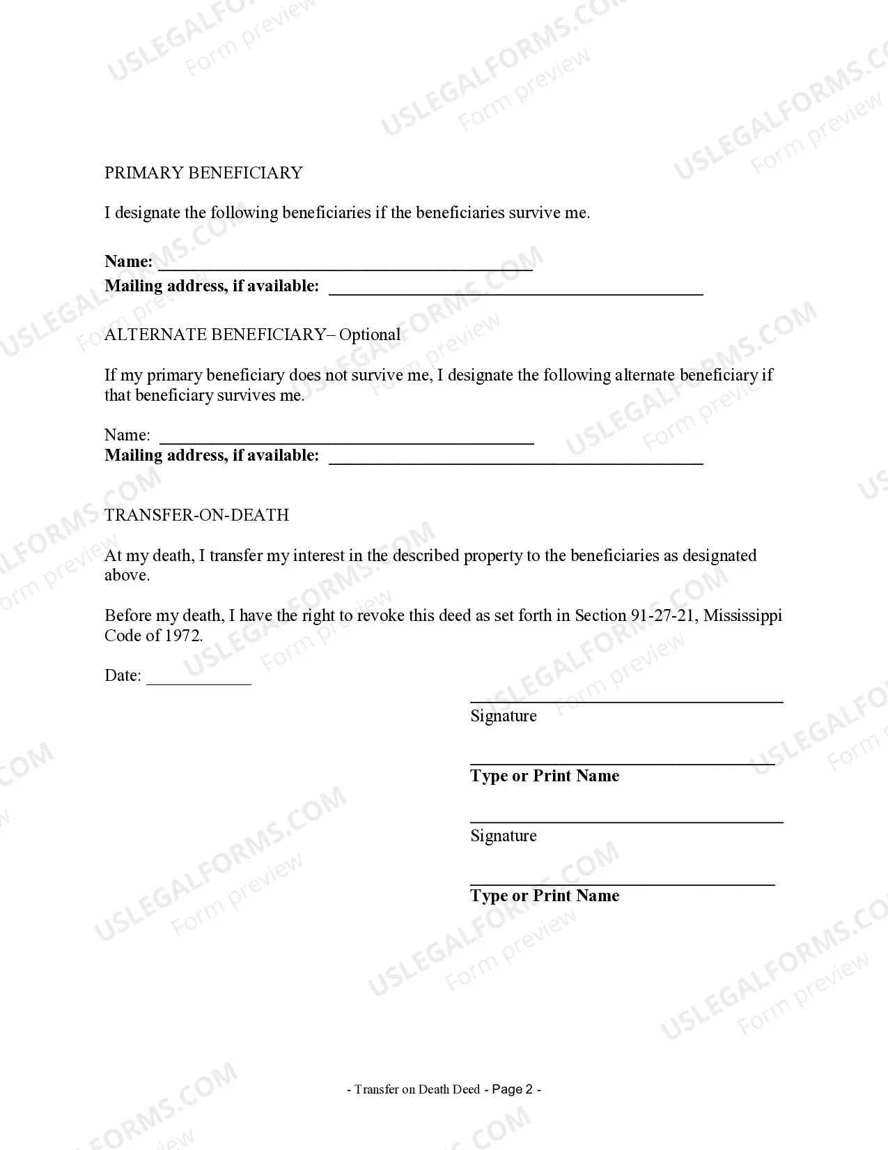 Preview Transfer on Death Deed or TOD - Beneficiary Deed for Two Individuals to One Individual