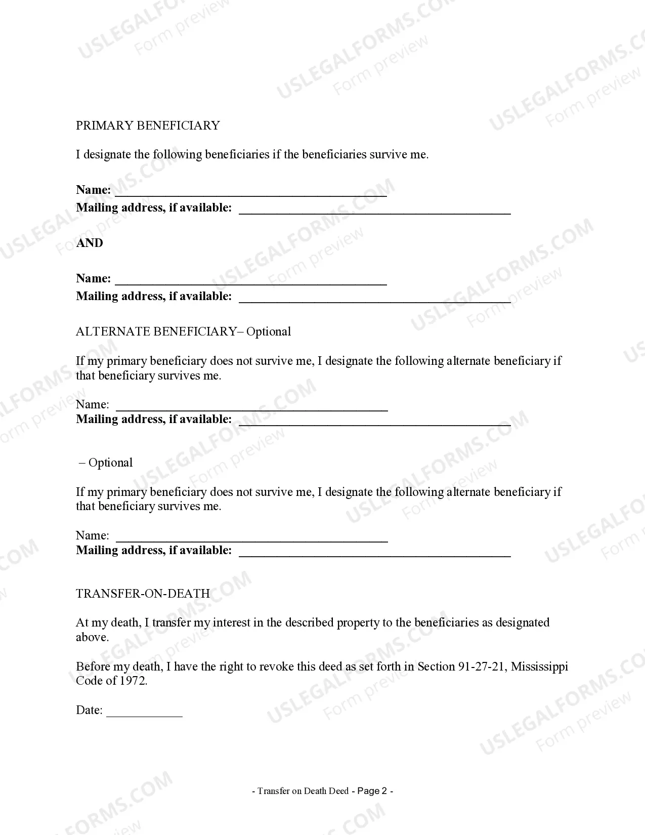 Preview Transfer on Death Deed or TOD - Beneficiary Deed for Two Individuals to Two Individuals