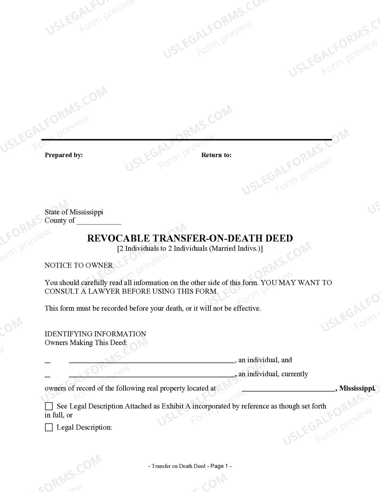 Mississippi Transfer on Death Deed or TOD Beneficiary Deed for Two