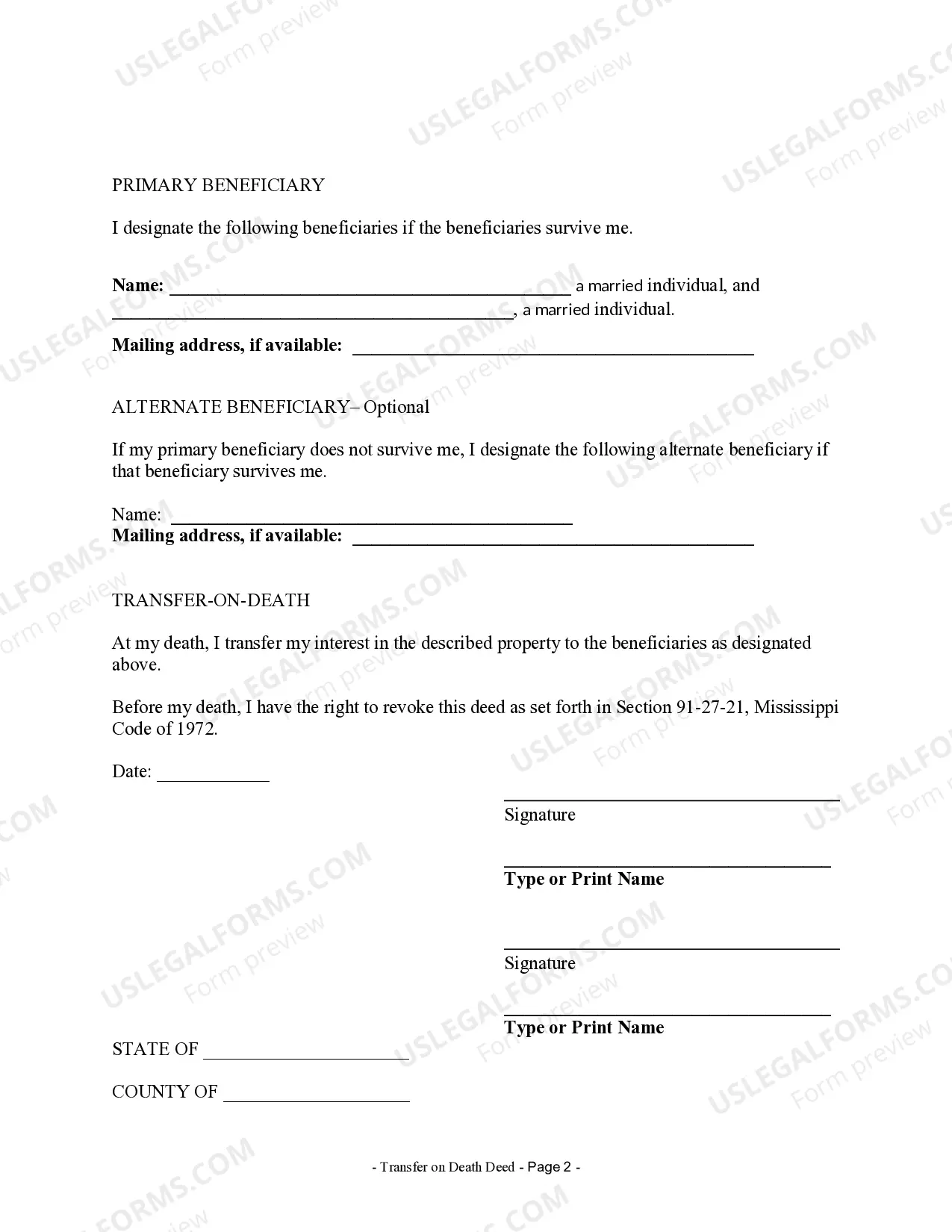Preview Transfer on Death Deed or TOD - Beneficiary Deed for Two Individuals to Married Beneficiaries