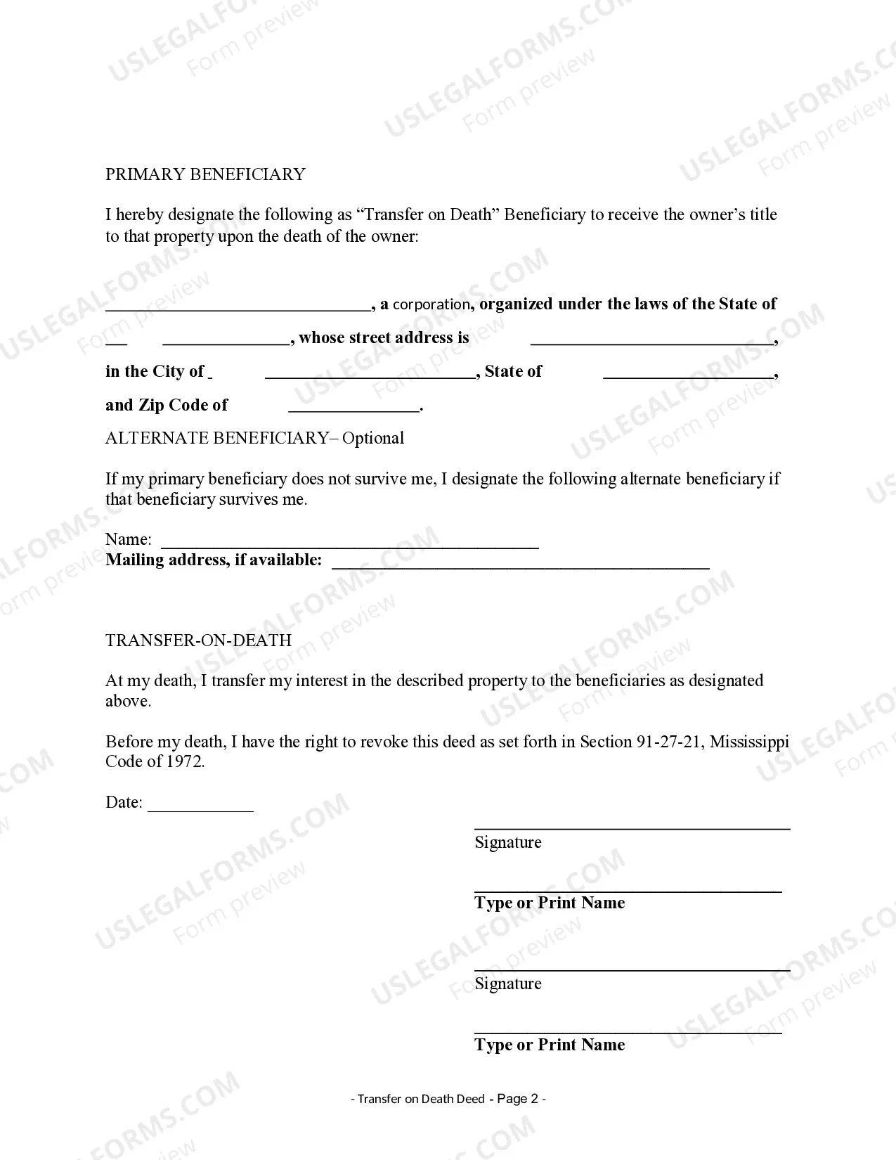 Preview Transfer on Death Deed or TOD - Beneficiary Deed for Two Individuals to Business Entity